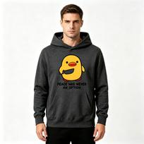 Men's Pullover Hoodie, Funny Yellow Duck Knife Peace Never An Option Printed Casual Hooded Sweatshirt for Daily Wear L tamsiai pilka spalva