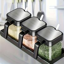 3Pcs/set Clear Glass Condiment Jar Spice Container with Lids and Spoons Storage Seasoning Box Salt Container Sugar Bowl Kitchen gray