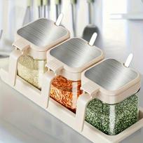3Pcs/set Clear Glass Condiment Jar Spice Container with Lids and Spoons Storage Seasoning Box Salt Container Sugar Bowl Kitchen