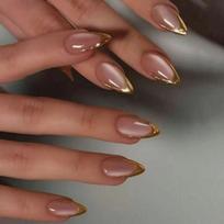 24Pcs pink cat eye French nail patches, medium almond shape, decorated with golden lines, simple style, smooth surface, full cov XY-2017 black