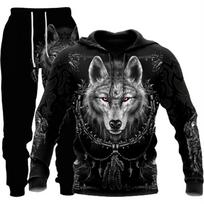 Vilkas 3d Print Hoodie Kostiumas Rudens žiemos mados Vyrų Moterų Rinkiniai Tiger Tracksuit Unisex Hoodie + Kelnės Dviejų dalių rinkinys S gray