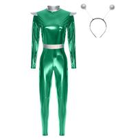 Moterų Cosplay Kostiumas Ateivis Robotas Astronautas Metalinis Blizgus Viso Kūno Unitardas Ilgomis Rankovėmis Kombinezonas S žalia