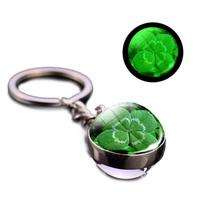 Clover Keychain Luminescent Four Leaf Clover Glass Ball Double Side Metal Pendant Keychain Lucky Jewelry Gift green