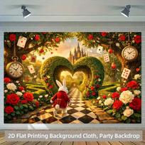 2D Whimsical Wonderland Rabbit Backdrop with Castle, Cards & Red Roses for Studio & Home Decor 47.2x31.5inch/120*80cm multi