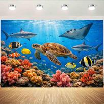 Underwater World Sea Turtle Shark Coral Photography Backdrop Ocean Marine Animal Kids Birthday Party Photo Background De 59x51.1inch/150*130cm