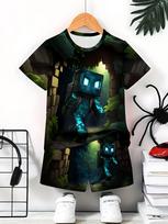 Pixel Game Style Kids Sport Suit  Spicy Gamer  Graphic Short Sleeve Tee and Shorts 2-Piece Set Black Casual Summer Clothes  Boys 160 black