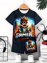Pixel Game Style Kids Sport Suit  Spicy Gamer  Graphic Short Sleeve Tee and Shorts 2-Piece Set Black Casual Summer Clothes  Boys 130 gray
