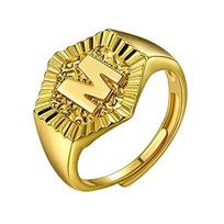 Hexagon Surface 3D Embossed A-Z Initial Letter Rings for Man Woman Adjustable Size A-Z 14k Gold Color Family Signet Jewelry beige