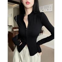 2025 Autumn Women's Spicy Girl Double Zipper Ribbed Knit Stand Collar Cardigan - Slimming Short Outerwear Top S juoda