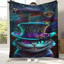 Alisa stebuklų šalyje Animacinis Česhyro katinas Flanelinis pledas, Itin minkštas šiltas pliušinis užklotas namams Miegamojo Lovos Sofos Dangalas Vaikų Dovana 100x150cm blue