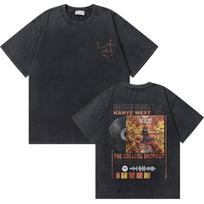 Skalbtas vintažinis reperio Kanye West baigimo meškiuko grafikos marškinėlis vyrams, grynos medvilnės marškinėlis, vyriški hip hopo mados oversized marškinėliai M black