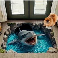 Shark 3D Printed Flannel Rug Ocean Cave Design Indoor Floor Mat Marine Animal Theme Home Decor Living Room Entrance Art Pet 50x80cm black