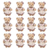 12-4S Mini Bear Stuffed Animal Toys Bulk 10cm Soft Plush Bears with Burlap Clothes for Baby Shower Birthday Party Decoration 12pieces beige