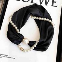 Elegant Satin Neck Scarf for Women with 2 in 1 Pearl Chain Necklace Buckle Lightweight Soft Shawl Gift for Party Office Wear A6 black
