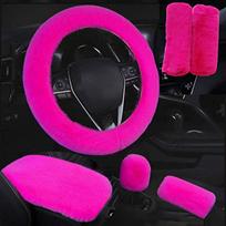 6Pcs/Set Soft Fluffy Auto Center Armrest Cove Gear Shift Cover  for 15 Inch Car Steering Wheel rožinė raudona spalva