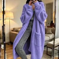 Women's Gray Flannel Cardigan Knit Sweater Coat for Everyday Wear L violetinė