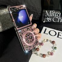 Bling Glitter Rhinestone Hand Chain Wrist Strap Leopard Print Leather Magnetic Phone Case For Samsung Galaxy Z Flip 7 6 5 4 3 5G Galaxy Z Flip7 rožinė