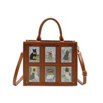 Tarot katės paveikslėlio retro pirkinių krepšys, miela, unikali, inovatyvi rankinė per petį, didelės talpos rankinė su rankena darbui, pasimatymams brown