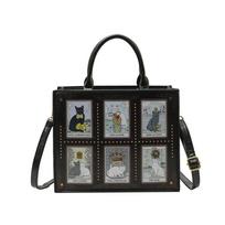 Tarot katės paveikslėlio retro pirkinių krepšys, miela, unikali, inovatyvi rankinė per petį, didelės talpos rankinė su rankena darbui, pasimatymams black