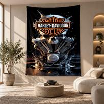 Dekoratyvinis gobelenas, Sieninė dailė su Harley-Davidson spaudiniu, Lengvas sieninis kabinamas elementas miegamojo fonui 180cmx200cm