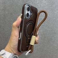 Verslo odinis magnetinis laikiklio dėklas, skirtas iPhone 16 Pro Max 15 Pro 14 13 12 Prabangus diržas, atsparus smūgiams Magsafe stovo telefono dangteliui iPhone 16 Pro tamsiai ruda spalva