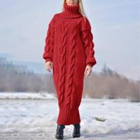 Women's Fall/Winter Long-Sleeve High-Neck Loose-Fit Cable-Knit Solid-Color Elegant Sweater Casual Dress L raudona