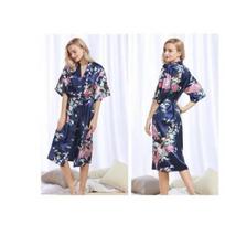 Moteriški šilko satino kimono chalatai, ilgi naktiniai drabužiai, chalatai, gėlių rašto, povo rašto, vakarėlių vestuvių pamergių chalatas XXXL tamsiai mėlyna
