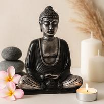 Meditating Buddha Statue Black and Grey Resin Medium
