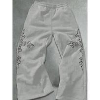 Wide Leg Men's Sweatpants with White Flame Tribal Abstract Prints, Drawstring, Loose Fit, Urban Street Style, Y2K Inspired XXL gray