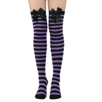 Over The Knee Striped Thigh High Socks with Large Bow Decorative Accent Soft Stretchy Material for Women Girls Cosplay School Uniforms Daily Wear One Size violetinė