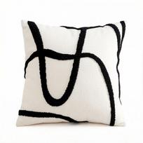 Juoda ir balta paprasta pagalvės užvalkalas 45x45cm, dekoratyvinė pagalvė su juodais banguotais siuvinėjimais, minkšta dekoratyvinė pagalvė sofai, miegamajam 45x45cm white