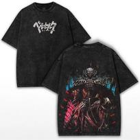 Japanese Manga Berserk Printed T-shirt Men Women Clothing Vintage Washed Oversized T shirt Short Sleeve Tops L black