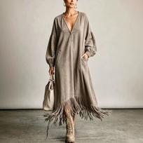 Women's Color V-Neck Long Sleeve Loose Fit Dress with Pockets and XL šviesiai pilka spalva