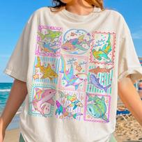 Vintage Pastel Colorful Shark Collage T Shirt Cute Sea Creature Graphic Tee Summer Beach Ocean Lover Casual Clothing 4XL white