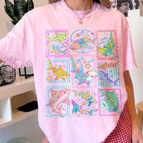 Vintage Pastel Colorful Shark Collage T Shirt Cute Sea Creature Graphic Tee Summer Beach Ocean Lover Casual Clothing M
