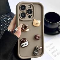 Korėjietiškas mielas 3D meškiuko kavos spurgos telefono dėklas, skirtas iPhone 11 13 12 14 15 Pro Max X XR XS Max 7 8 Plus animacinio filmo smūgiams atsparus dangtelis iPhone 15 Plus ruda