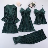 Bordo aksominis pižamos kostiumas moterims 4 dalys Kimono chalatas naktinių komplektas Sleepwear Lady Žieminis šiltas dryžuotas auksinis velvetinis chalatas 2XL gray