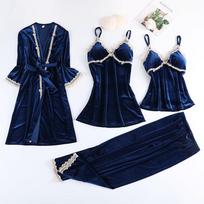 Bordo aksominis pižamos kostiumas moterims 4 dalys Kimono chalatas naktinių komplektas Sleepwear Lady Žieminis šiltas dryžuotas auksinis velvetinis chalatas XL black