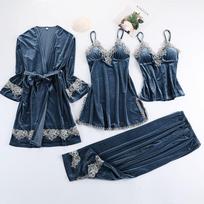 Bordo aksominis pižamos kostiumas moterims 4 dalys Kimono chalatas naktinių komplektas Sleepwear Lady Žieminis šiltas dryžuotas auksinis velvetinis chalatas L gray