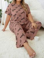 European & American Style Plus Size Heart Crew Neck Pajama Set - Short Sleeve & Long Pants 5XL violetinė