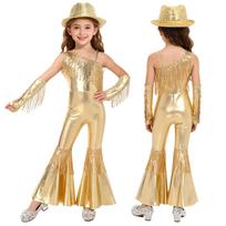 Merginos Disco šokių apranga Be rankovių Viena petis Blizgučiai Kutai Aukštas juosmuo Platesnis kombinezonas Pirštinės Fedora skrybėlė Konkursui Banketui 5-6 Years auksas