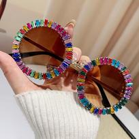 INS Rhinestone Sunglasses Steampunk Round Retro Frame Eyewear UV400 Protection Comfortable To Wear Women Spectacles brown