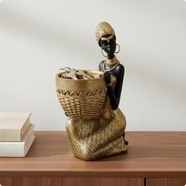 African Woman Tray Statue Light Luxury Ornamental Handcrafted Style Resin Lady Figurine Gold Half-kneeling beige