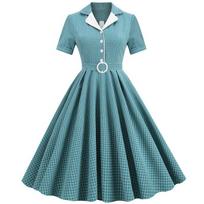 Vintage Hong Kong Style V-neck Plaid A-line Midi Dress XL gray