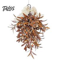 Artificial Teardrop Swag Autumn Olive Leaf Wreath for Front Door, Retro Hanging Garland Country Style Fireplace Decoration with Bow Decor Indoor 60 cm brown