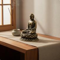 Antique Bronze Buddha Figurine Intricate Details Sitting on Base Metal Craft Spiritual Decor gray