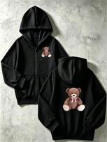 Blue Zip Up Hoodie Chest Small Pink Bow Teddy Bear Print Back Large Cute Bear Graphic Casual Daily Sweatshirt 160 black