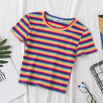 Nauji marškinėliai Moteriški vaivorykštiniai dryžuoti viršūnės Slim Fit marškinėliai Harajuku marškinėliai Vasariniai trumpomis rankovėmis korėjietiški marškinėliai moteriški drabužiai. S violetinė