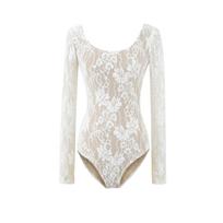 Spicy American Double Embossed Crochet Lace Bodysuit with Round Neck and Long Sleeves Medium abrikosas