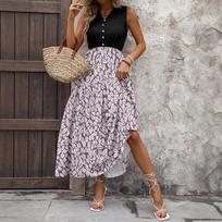 Women's Casual And Fashionable V-neck  Sleeveless Printing Mid Length Dress M cinoberis
